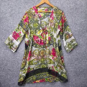 Beach Cover Up Dress Womens‎ Small Green Floral Boho Sheer Mini INDIAN EMPORIUM